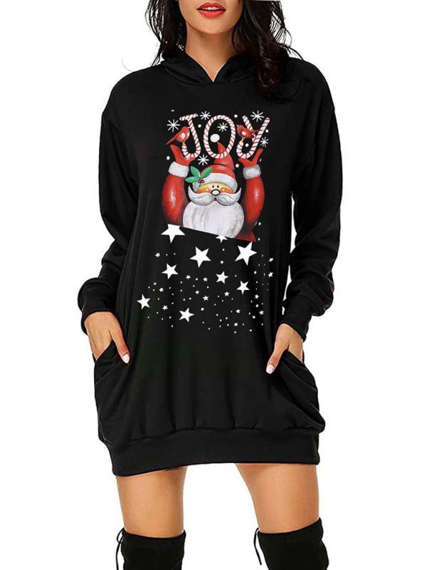 Blue Zone Planet | Women's Christmas Print Mid Length Hooded Sweater Dress kakaclo