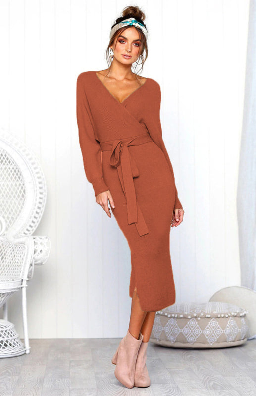 Blue Zone Planet | V-Neck Lace-Up Long-Sleeved Dress BLUE ZONE PLANET