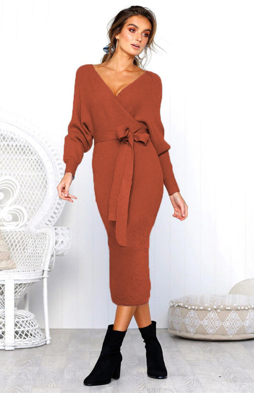 Blue Zone Planet | V-Neck Lace-Up Long-Sleeved Dress BLUE ZONE PLANET