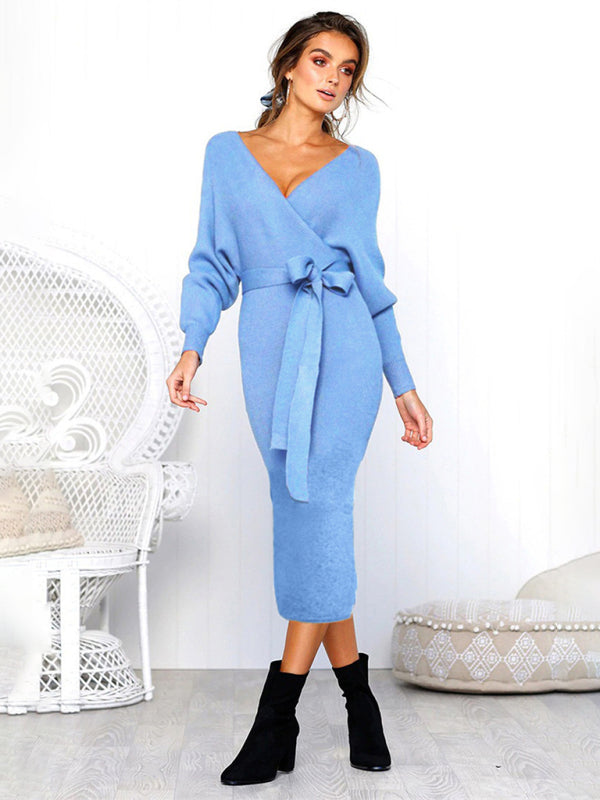 Blue Zone Planet | V-Neck Lace-Up Long-Sleeved Dress BLUE ZONE PLANET