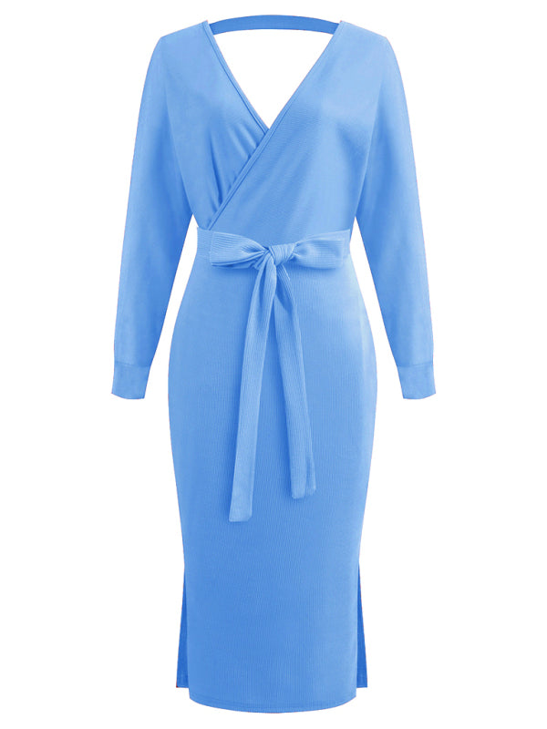 Blue Zone Planet | V-Neck Lace-Up Long-Sleeved Dress BLUE ZONE PLANET
