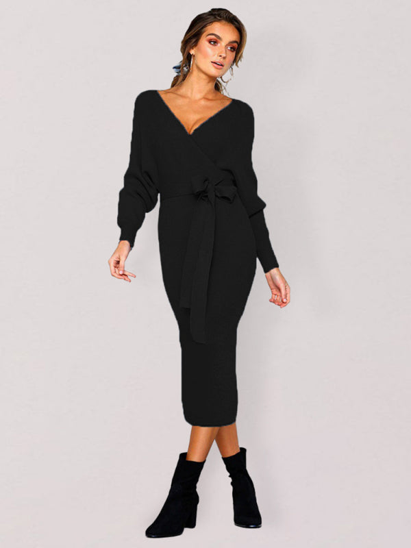 Blue Zone Planet | V-Neck Lace-Up Long-Sleeved Dress BLUE ZONE PLANET