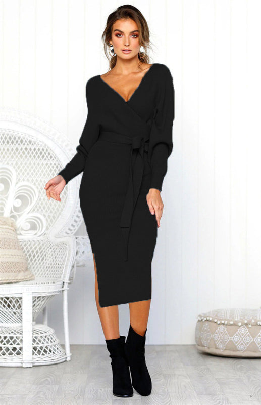Blue Zone Planet | V-Neck Lace-Up Long-Sleeved Dress BLUE ZONE PLANET