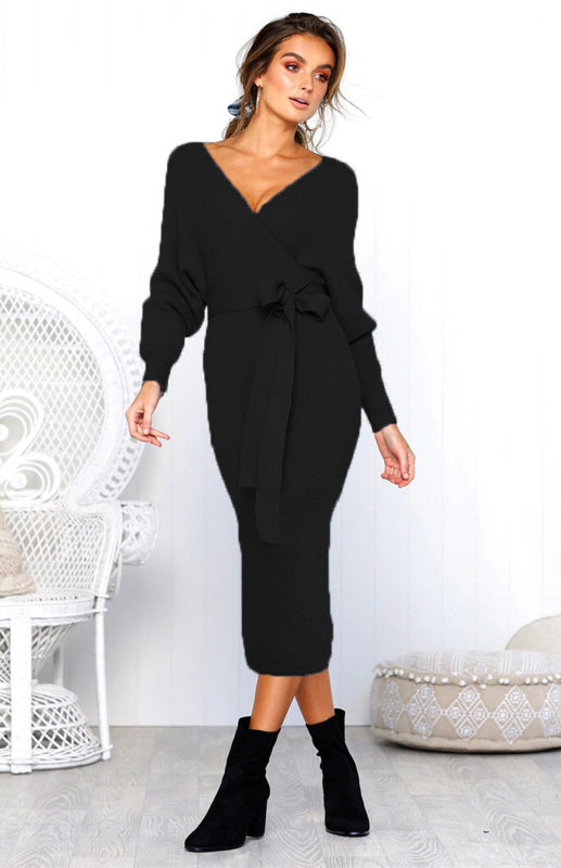 Blue Zone Planet | V-Neck Lace-Up Long-Sleeved Dress BLUE ZONE PLANET