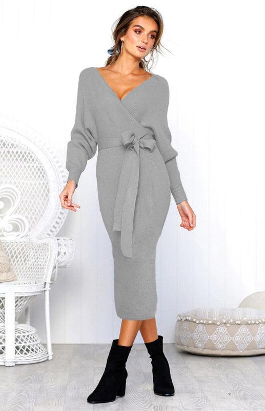 Blue Zone Planet | V-Neck Lace-Up Long-Sleeved Dress BLUE ZONE PLANET