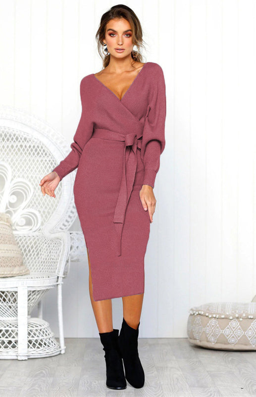 Blue Zone Planet | V-Neck Lace-Up Long-Sleeved Dress BLUE ZONE PLANET