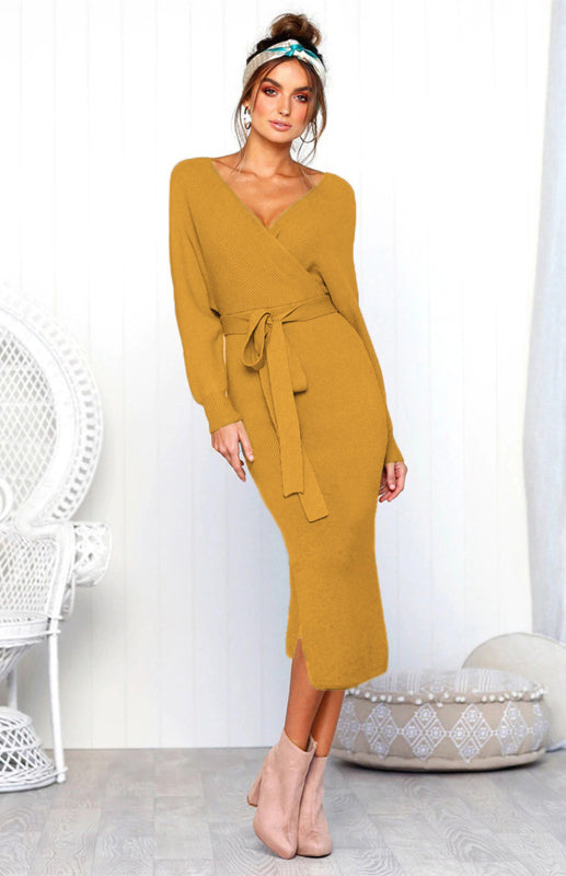 Blue Zone Planet | V-Neck Lace-Up Long-Sleeved Dress BLUE ZONE PLANET