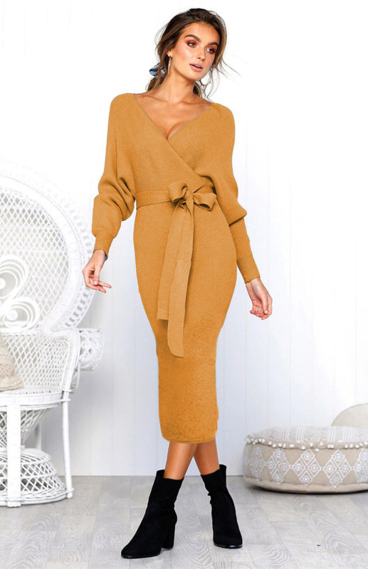 Blue Zone Planet | V-Neck Lace-Up Long-Sleeved Dress BLUE ZONE PLANET