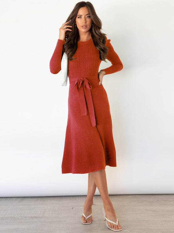 Long Sleeve Cable Knit Sweater Dresses BLUE ZONE PLANET