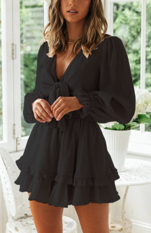 Women'S Deep V Knot Ruffle Short Dress kakaclo