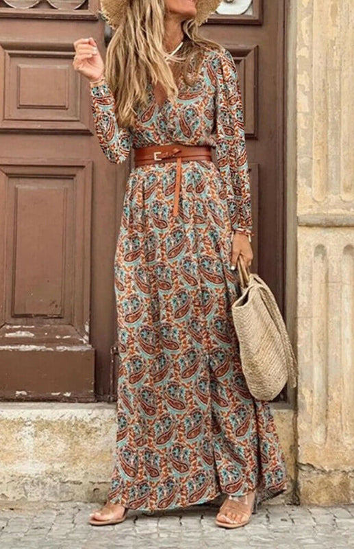 V-neck long-sleeved printed long dress (with belt) kakaclo