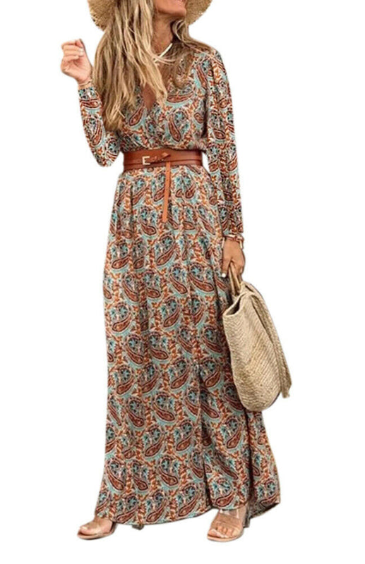 V-neck long-sleeved printed long dress (with belt) kakaclo