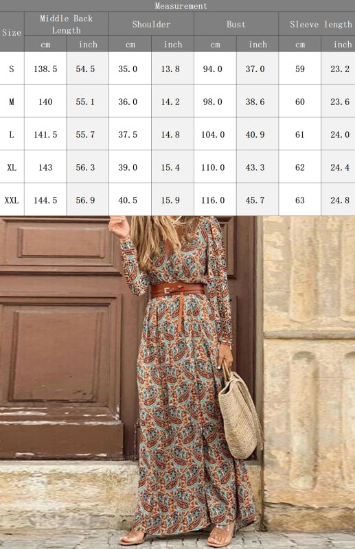 V-neck long-sleeved printed long dress (with belt) kakaclo
