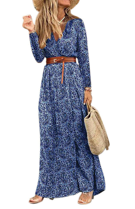 V-neck long-sleeved printed long dress (with belt) kakaclo