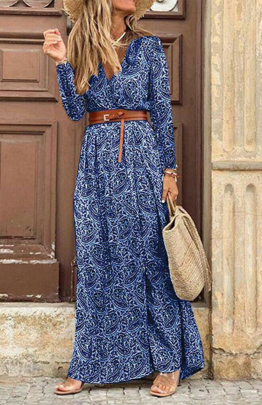 V-neck long-sleeved printed long dress (with belt) kakaclo