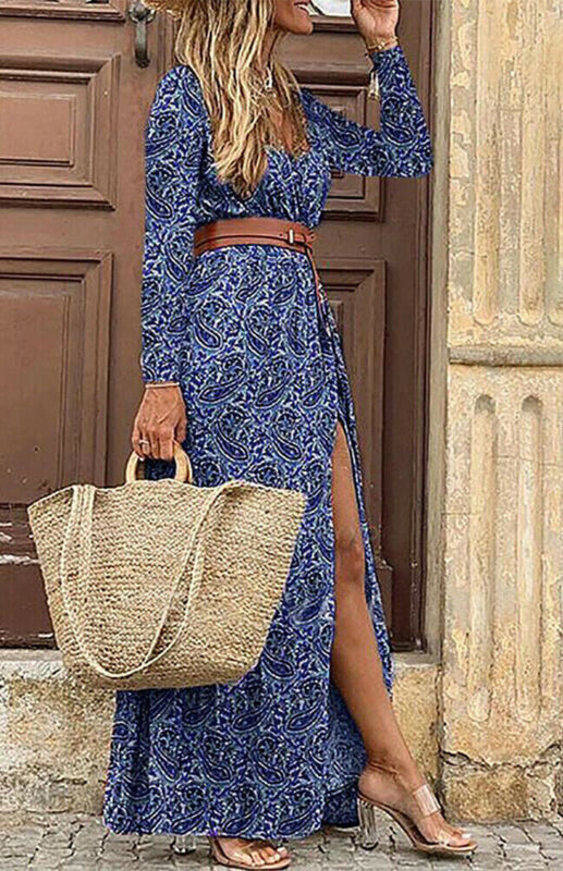V-neck long-sleeved printed long dress (with belt) kakaclo