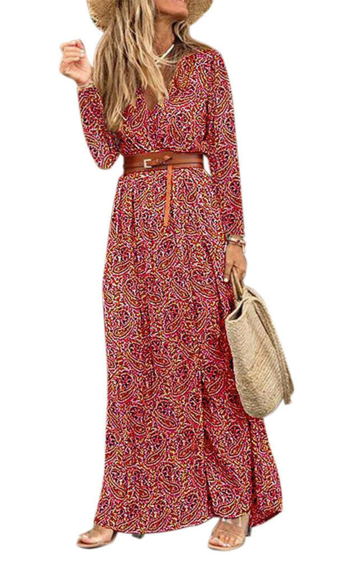 V-neck long-sleeved printed long dress (with belt) kakaclo