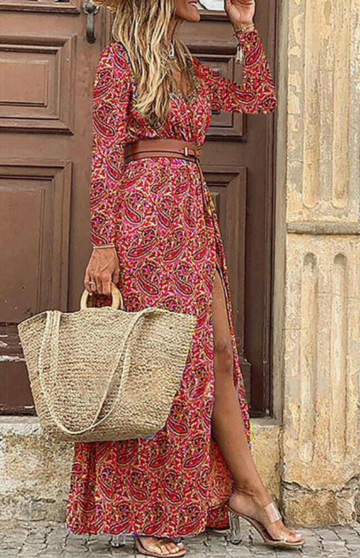 V-neck long-sleeved printed long dress (with belt) kakaclo