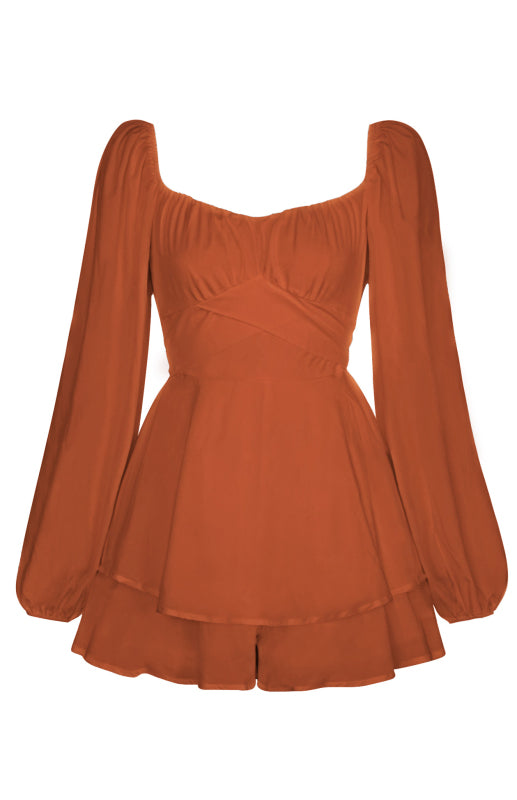 Square Neck Lantern Long Sleeve One Piece Ruffle Shorts Culottes kakaclo