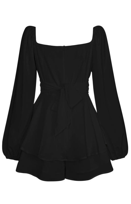 Square Neck Lantern Long Sleeve One Piece Ruffle Shorts Culottes kakaclo