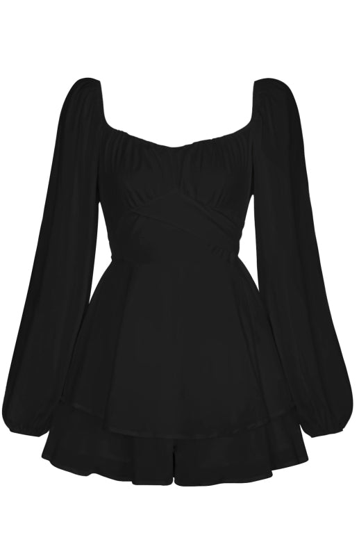 Square Neck Lantern Long Sleeve One Piece Ruffle Shorts Culottes kakaclo