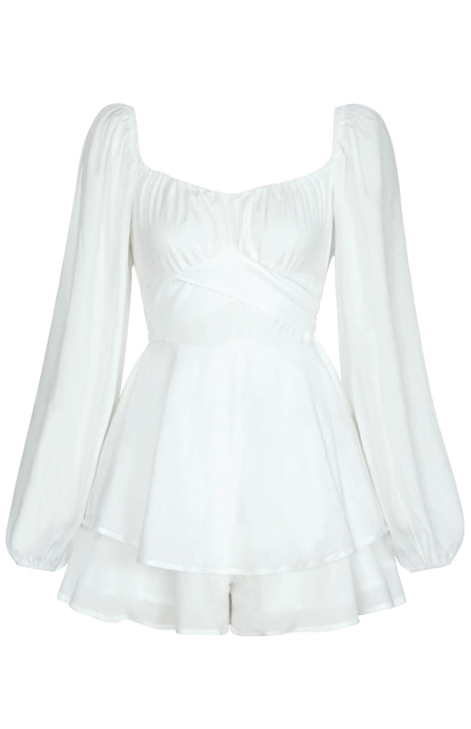 Square Neck Lantern Long Sleeve One Piece Ruffle Shorts Culottes kakaclo