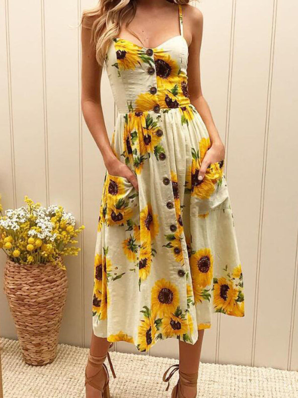 Printed Halter, Button And Backless Dress kakaclo
