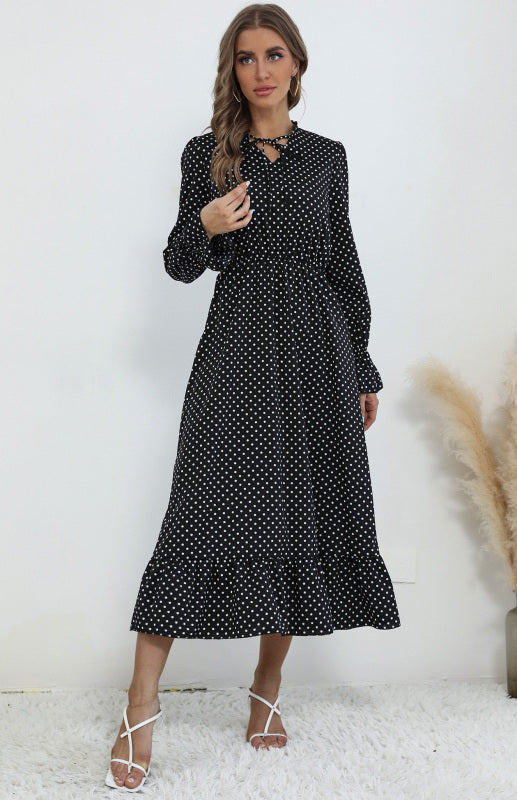 Blue Zone Planet | Ladies V-Neck Tie Long Sleeve Polka Dot Dress BLUE ZONE PLANET