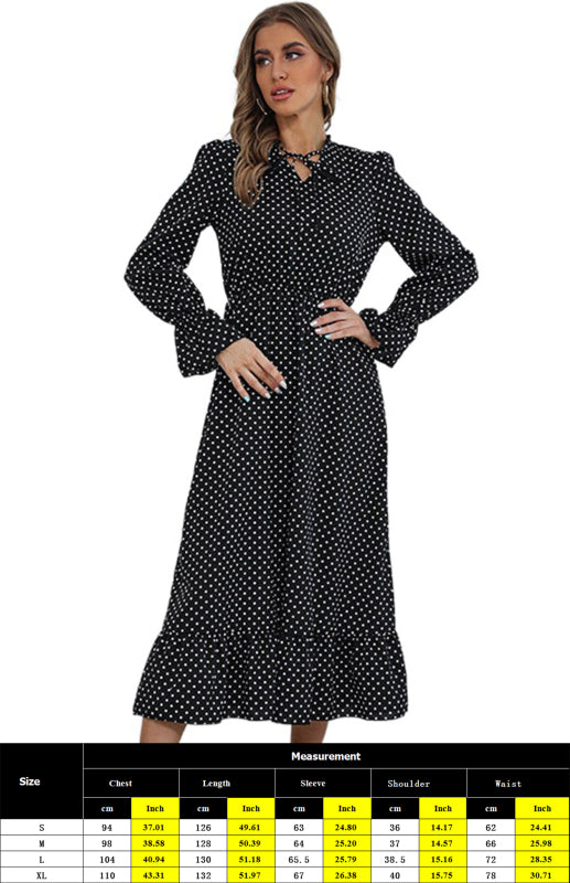 Blue Zone Planet | Ladies V-Neck Tie Long Sleeve Polka Dot Dress BLUE ZONE PLANET