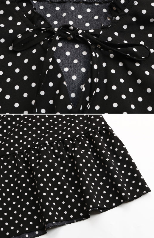 Blue Zone Planet | Ladies V-Neck Tie Long Sleeve Polka Dot Dress BLUE ZONE PLANET