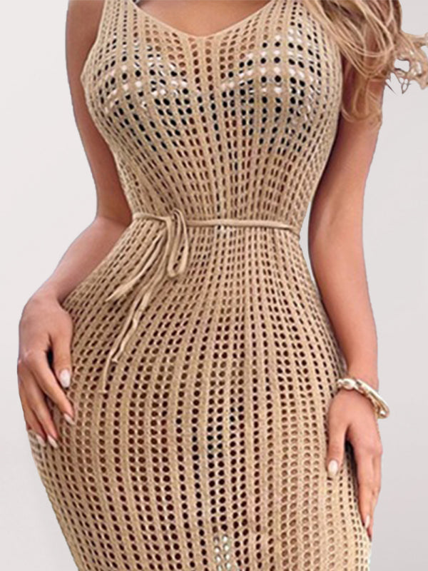 Blue Zone Planet |  Sexy V-Neck Hollow Backless Hem Slit Sleeveless Dress Bikini Knit Cover-Up kakaclo