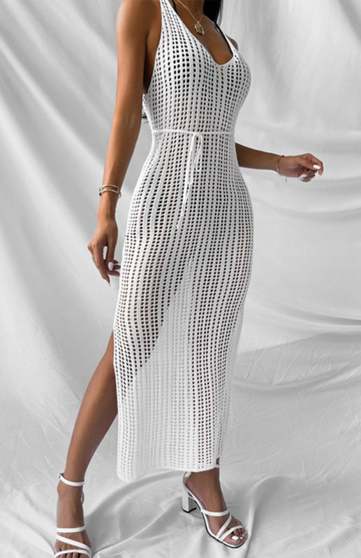 Blue Zone Planet |  Sexy V-Neck Hollow Backless Hem Slit Sleeveless Dress Bikini Knit Cover-Up kakaclo