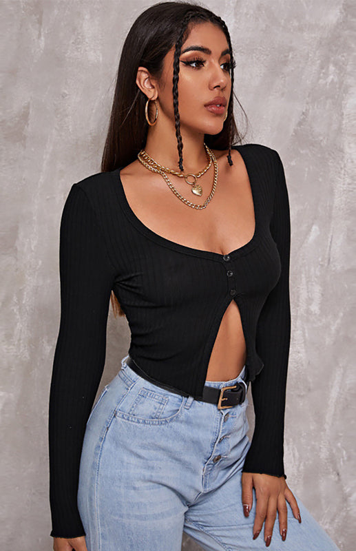 Women'S Button Crop Long Sleeve Top BLUE ZONE PLANET