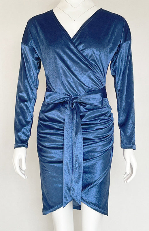 Blue Zone Planet | Sexy Velvet V-Neck Slim-Fit Split Cocktail Party Long-Sleeved Dress kakaclo