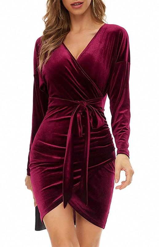 Blue Zone Planet | Sexy Velvet V-Neck Slim-Fit Split Cocktail Party Long-Sleeved Dress kakaclo