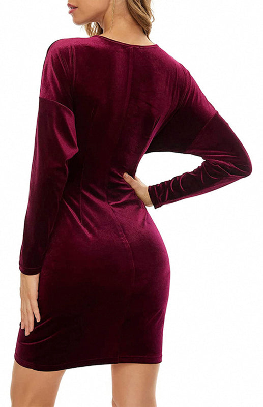Blue Zone Planet | Sexy Velvet V-Neck Slim-Fit Split Cocktail Party Long-Sleeved Dress kakaclo