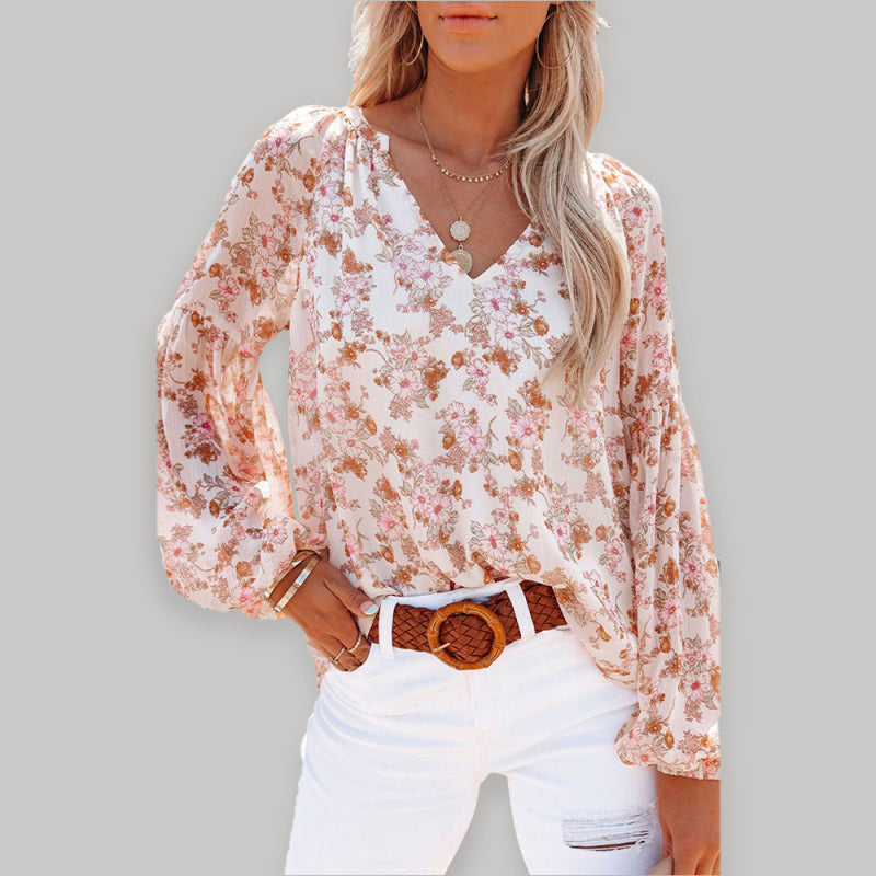 Blue Zone Planet | V-Neck Lantern Sleeve Curved Pendant Floral Print Chiffon Top BLUE ZONE PLANET