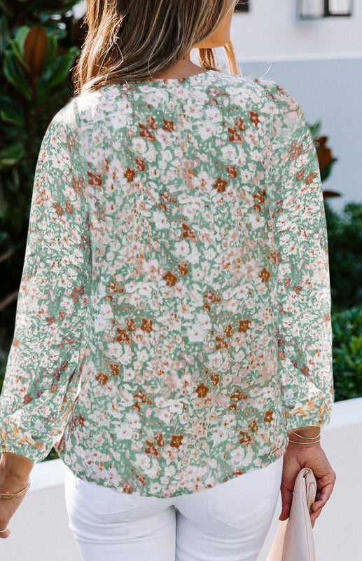 Blue Zone Planet | V-Neck Lantern Sleeve Curved Pendant Floral Print Chiffon Top BLUE ZONE PLANET
