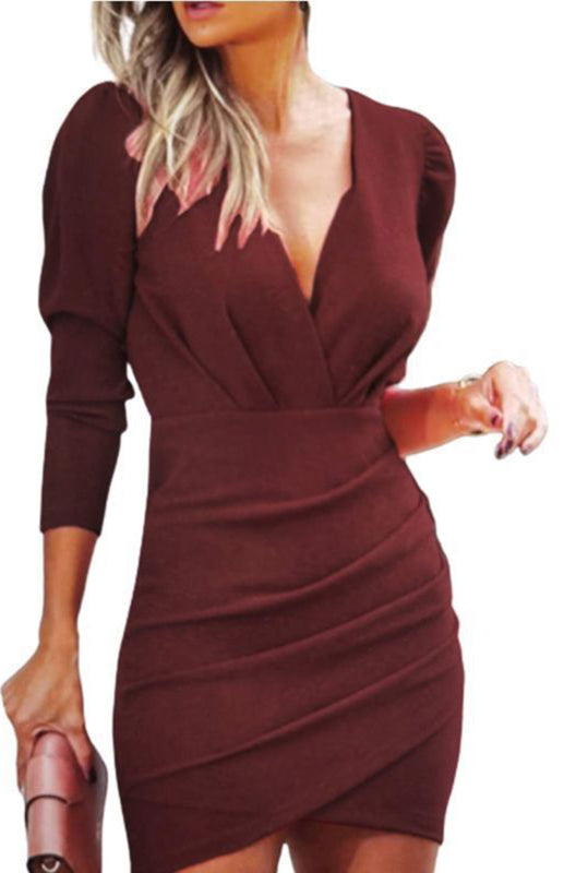 V-Neck Pleated Slit Bubble Long-Sleeved Slim Cocktail Dress kakaclo