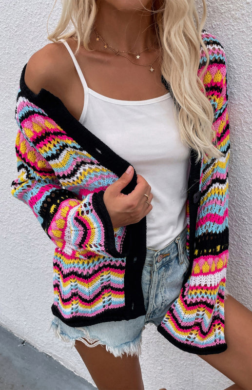 Striped Loose Rainbow Knitted Cardigan kakaclo