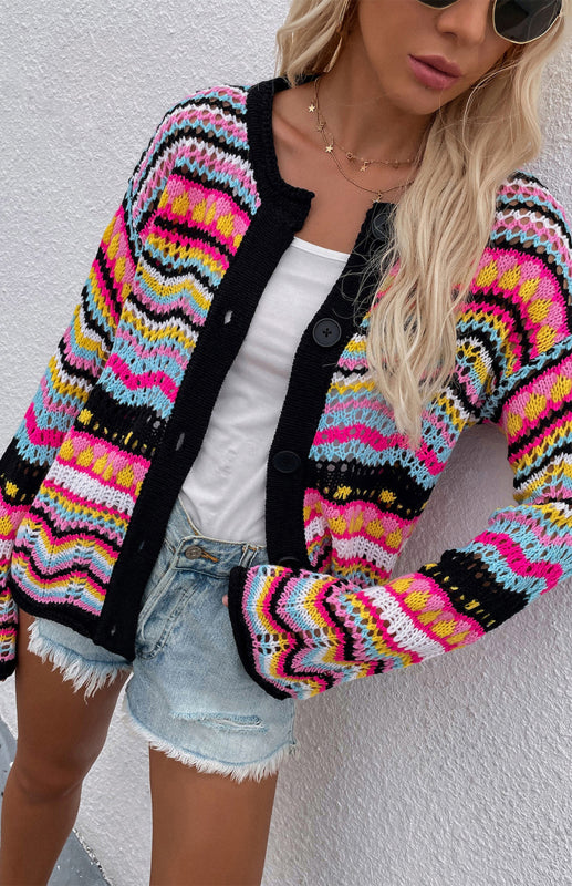 Striped Loose Rainbow Knitted Cardigan kakaclo
