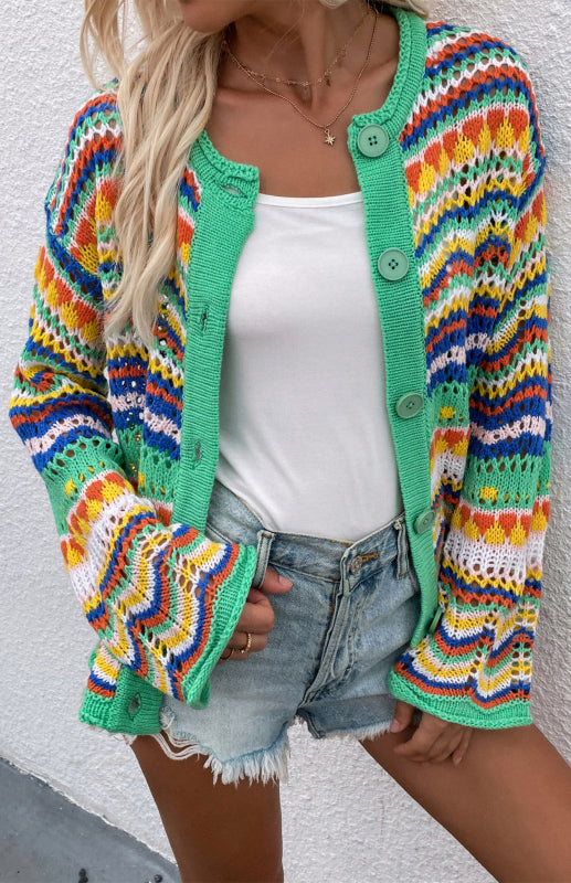 Striped Loose Rainbow Knitted Cardigan kakaclo