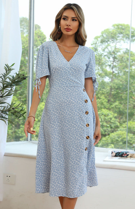 Puff Sleeve Floral V-Neck Short Sleeve Lace-Up Slit Button Dress kakaclo