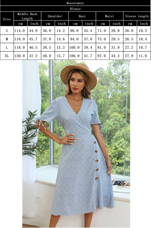 Puff Sleeve Floral V-Neck Short Sleeve Lace-Up Slit Button Dress kakaclo
