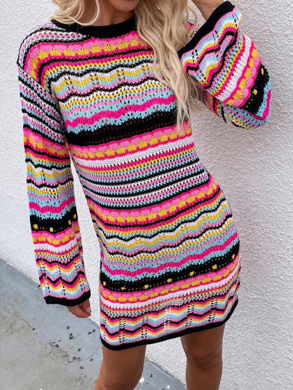 Women'S Rainbow Stripe Pullover Medium Length Sweater BLUE ZONE PLANET