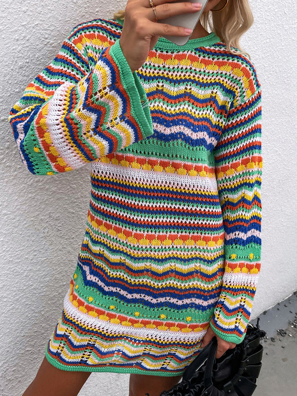 Women'S Rainbow Stripe Pullover Medium Length Sweater BLUE ZONE PLANET