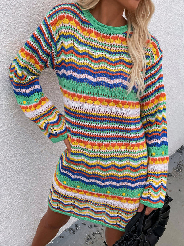 Women'S Rainbow Stripe Pullover Medium Length Sweater BLUE ZONE PLANET