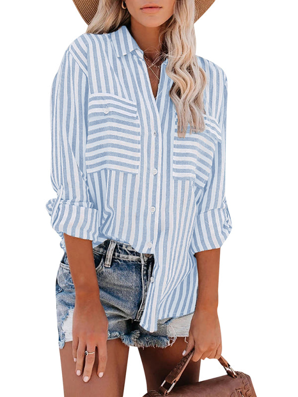 Blue Zone Planet | Linen Cotton Washed Water Stripe Single Breasted Long Sleeve Shirt Women BLUE ZONE PLANET