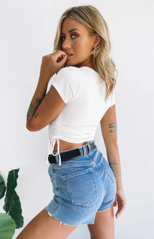 Blue Zone Planet |  Printed Drawstring Plunging Round Neck Short-Sleeved T-Shirt BLUE ZONE PLANET