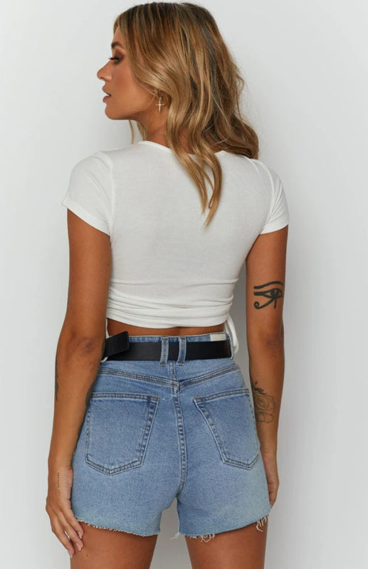 Blue Zone Planet |  Printed Drawstring Plunging Round Neck Short-Sleeved T-Shirt BLUE ZONE PLANET